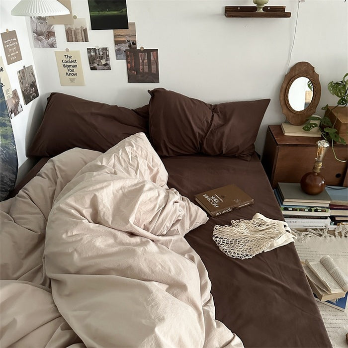 Four piece set of washed cotton bed sheets and duvet covers three piece set of bedding for single student dormitories - Premium Product Image
