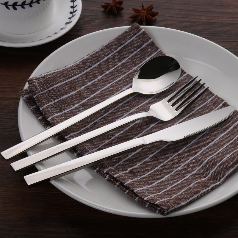 304 stainless steel steak knife, fork and spoon European style Western-style tableware three-piece thickened square handle Restaurant Hotel Western-style knife - Premium Product Image