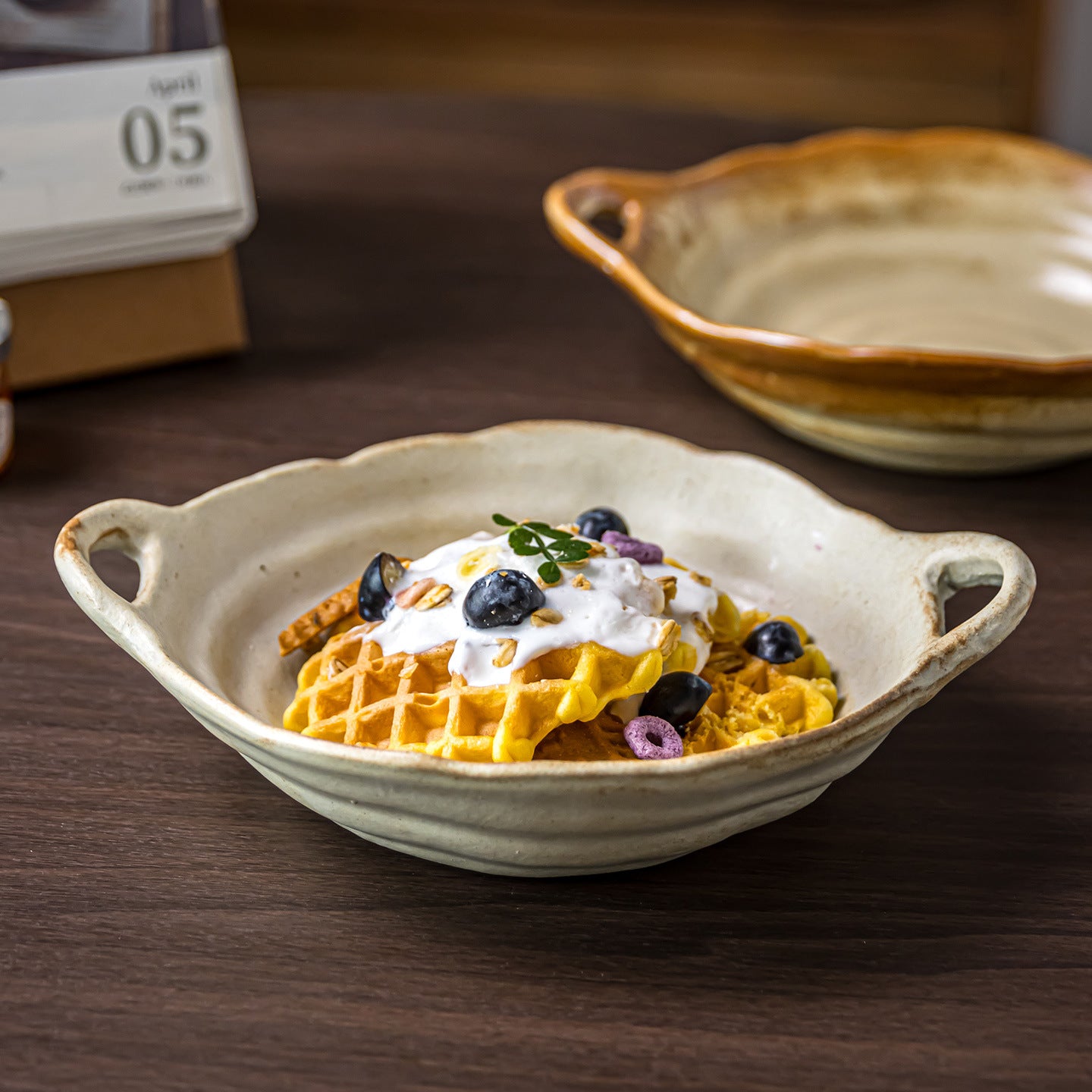 Retro-style thick-walled double-handled ceramic bowls and plates - universal ceramic tableware for wholesale. Bowls for household use, soup bowls, instant noodle bowls, fruit salad bowls. - Premium Product Image