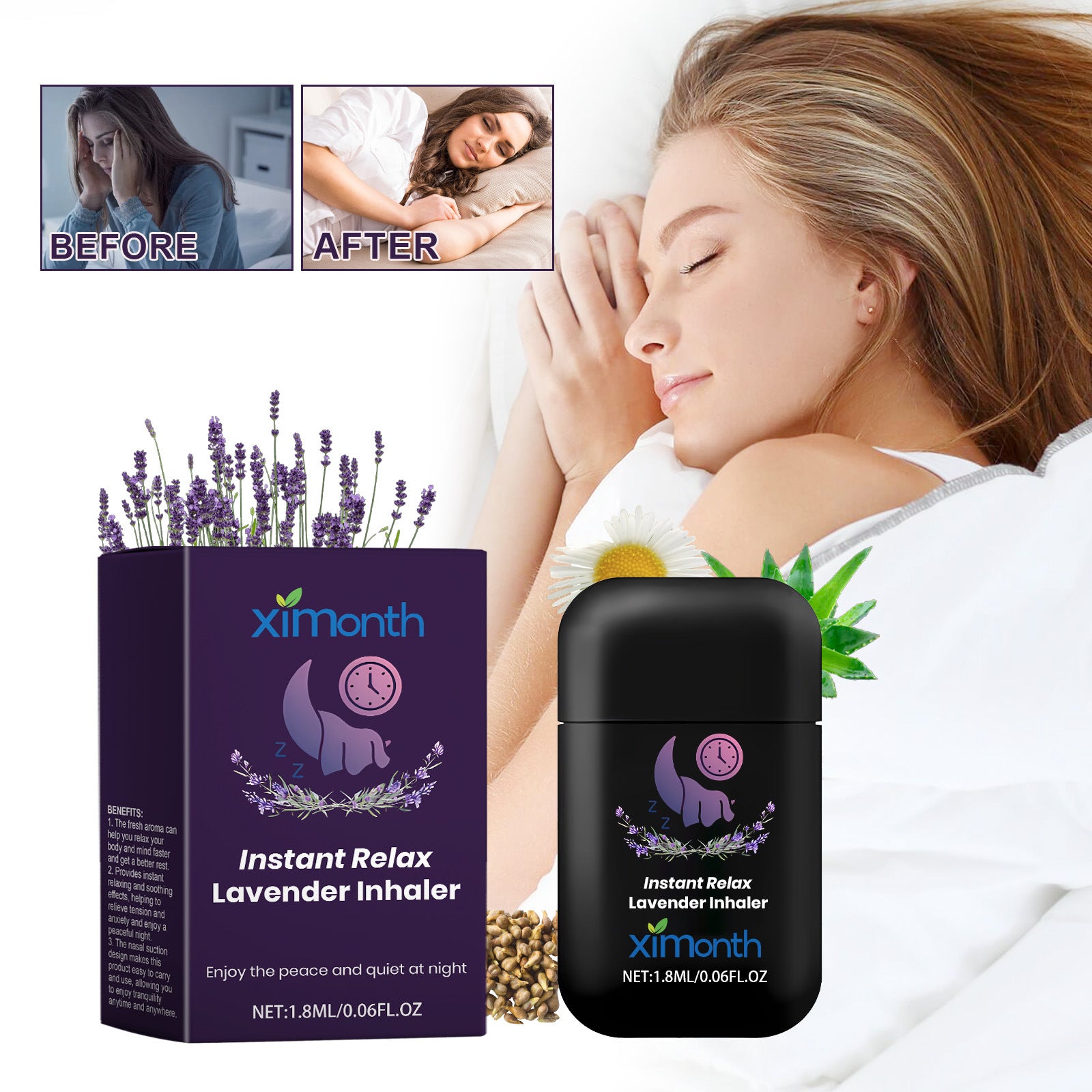 XIMONTH Lavender Repair Sleep Nasal Inhaler Night Care Sleep Relieve Body Rest Assured Sleep Nasal Inhaler - Premium Product Image