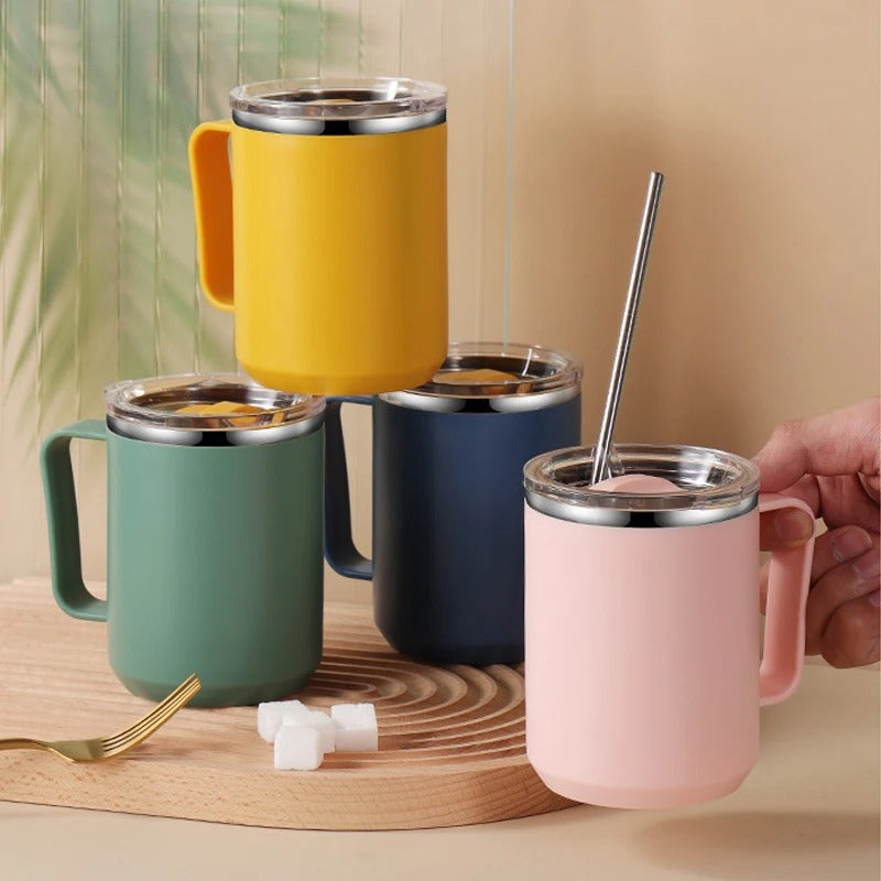304 stainless steel cup mug Coffee cup handle with cover office cup milk cup handy cup - Premium Product Image